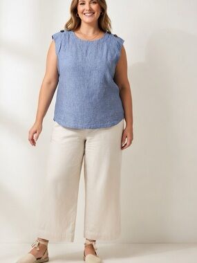 Boden 100% Linen Blue Sleeveless Top Size 14R Button Shoulder Detail Chambray